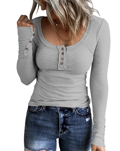 Image of KINLONSAIR Women Long Sleeve Henley Shirts Scoop Neck T-shirt Basic Tops