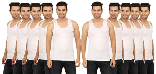 Compatible PRAKASAM Cotton Men's Combed Cotton Round Neck Sleeveless White Vest with Extended Length for Easy Tuck (Gold) Pack of 5