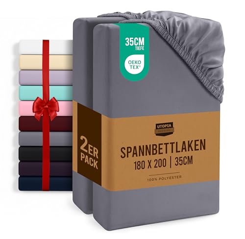 Utopia Bedding - 2er Set Spannbettlaken 180x200cm - Grau - Oeko-Tex Zertifiziertes - Gebürstete Mikrofaser Spannbetttuch - 35 cm Tiefe Tasche