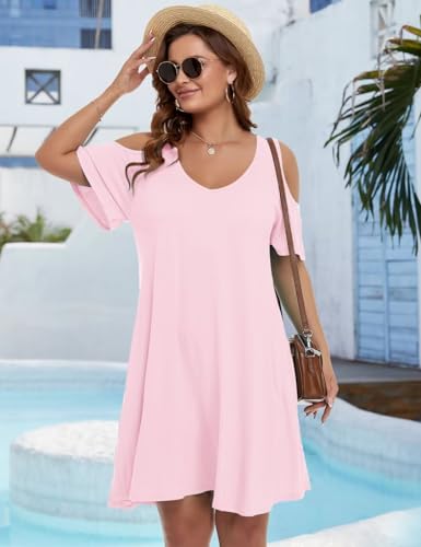 Image of JollieLovin Womens Plus Size Short Sleeve Cold Shoulder V Neck T-Shirt Dress with Pockets