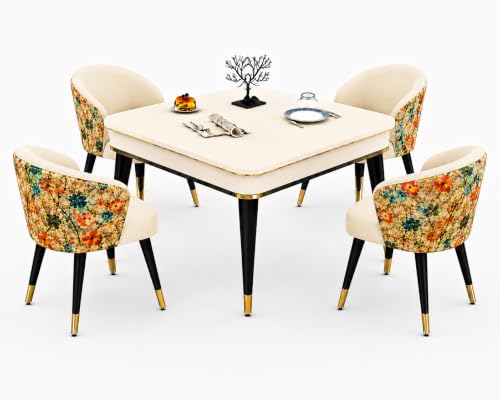 Image of WOODEN SPACE 4 Seater Wooden Dining Table Set | Urban Marble Top Dining Table with Chairs for Dining Room & Kitchen (Modern Classic Printed Beige) (42 x 42 x 30 inch)