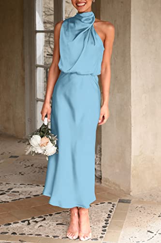Prettygarden Women'S 2024 Summer Satin Dress Elegant Sleeveless Mock Neck Cocktail Party Maxi Dresses  thumb #1