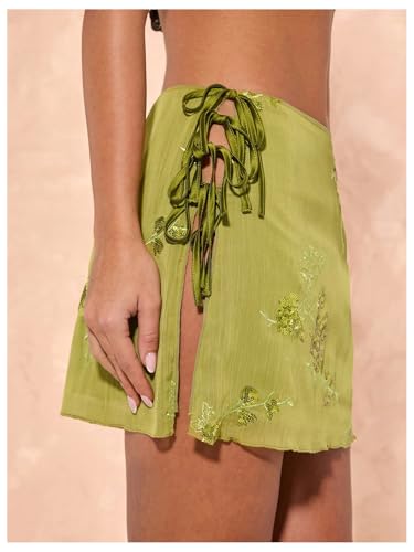 MakeMeChic Women's Floral Embroidery Mini Skirt Low Waist Tie Side Split Skirts2
