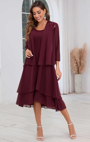 Mother of The Bride Dresses for Wedding Scoop Neck A Line Tea Length Chiffon Women's Formal Dress with Jacket3