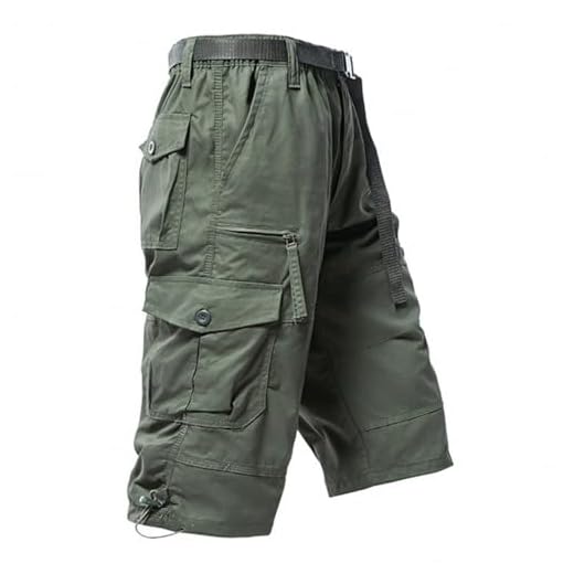 PADOLA Short Homme Cargo Coton Bermuda avec 7 Poches été Taille Elastique Camouflage Pantacourt à Jambes Larges avec Cordon de Serrage Baggy 3/4 Pantalon avec Ceinture Réglable (Vert Armée, L)