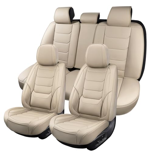hoozoom Leather Car Seat Covers Full Set Breathable Automotive Seat Covers Waterproof Seat Protectors Universal Fit for Most Automotive Cars SUV Trucks(Beige, Full Set)