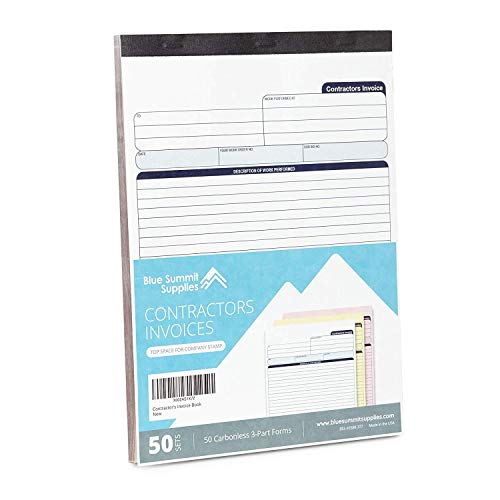 Blue Summit Supplies Contractors Invoice Book, 3 Part Carbonless Forms With White, Yellow, And Pink Copies, Work Order Receipt Book With Blank Invoice Sheets, 8-3/8 X 11-5/8 Inch, 50 Pack #TOP2