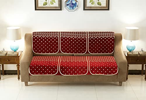 Image of Premium 5 Seater Printed Sofa Cover Set 3,1,1 Seater 10 Pieces Sofa Back Slip Panels, Protector for Single Seater (Maroon, 3+1+1 with Arm Covers)