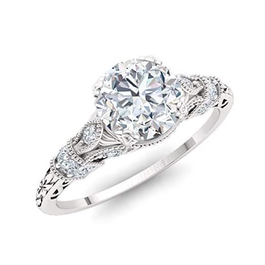 Diamondere Natural and Certified Round Diamond Engagement Ring in 14K White Gold, 1.11 Carat Art Deco Engagement Ring for Women, US Size 6