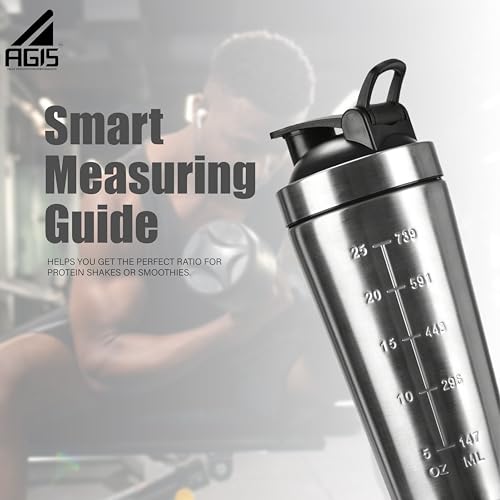 Image of AGIS Premium Stainless Steel shaker 700ml Leakproof Shaker Bottle with Measurement Marking, Perfect for Fitness Enthusiast & Athletes, Ideal for Mixing Protein Shakes & Pre-Workout Formula (Silver)