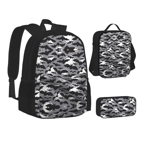 Halloween Bats Grey 3-Piece Set Backpack, Lunch Bag, And Pencil Case, Casual Cute Sets For Travel And College2