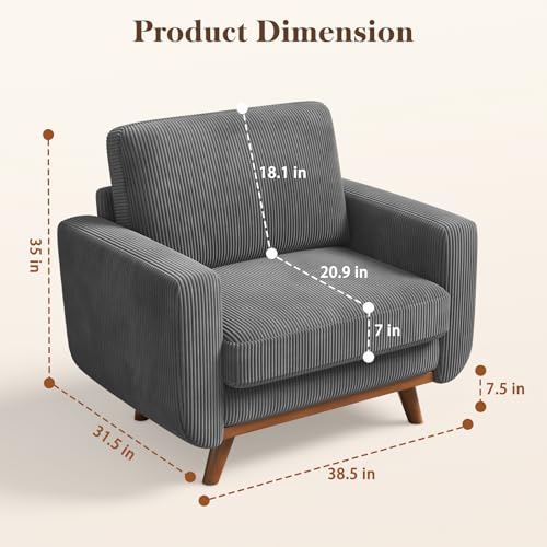 Image of Vesgantti 38.5 inch Accent Chair Dark Gray, Comfy Corduroy Single Sofa Seat with Spring Cushion, Upholstered Armchair with Deep Seat, Reading Chair for Adults, Modern Sofa for Living Room, Bedroom