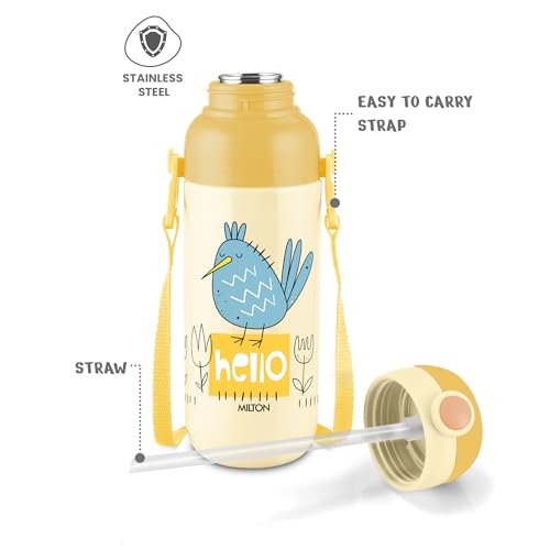 Image of Milton Steel Indus 600 Thermoware PU Insulated, 500 ml Water Bottle with Straw for Kids, Leak Proof Flip Top Sipper Lid Bottle, School, Picnic, Easy to Carry Belt, Cream