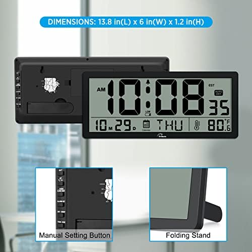 WallarGe Auto Set Large Digital Wall Clock Battery Operated with Temperature, Date, Seconds and Large Display, Auto DST, Great Clocks for Seniors, Living Room and Office 14 Inches