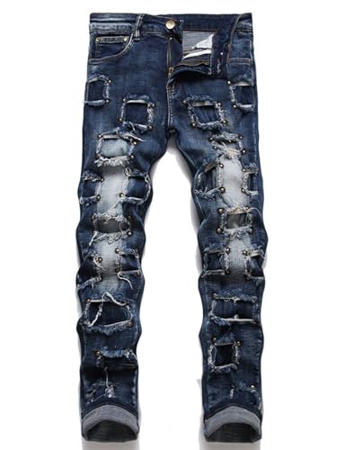 Men's Punk Style Distressed Denim Pants Streetwear Concert Performance Ripped Jeans Beads Decoration Trousers