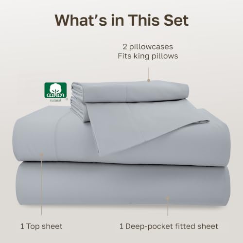 Image of California Design Den 500TC 100% Cotton King Size Sheets Set, Mineral Grey | Good Housekeeping Seal, OEKO-TEX Certified, Silky-Soft Sateen Weave, 4pc Set, 16 inch Deep Pockets, For Hot Sleepers, All-Season