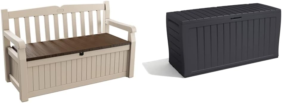 Keter Eden Bench Outdoor Storage Box Garden Furniture, Beige and Brown, 140 x 60 x 84 cm & Marvel+ 270L Garden Storage Box - Graphite Grey