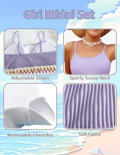 Image of Girls Swimsuit Two Piece Teen Bathing Suit High Waist Textured Bikini Set Woven Girls Swimwear 9-16Y