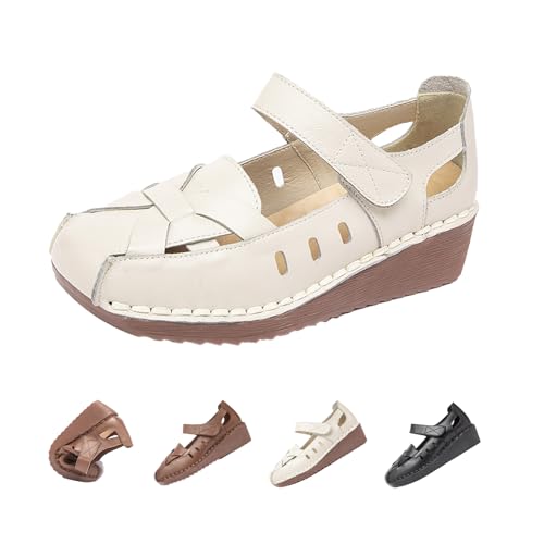 Women's Woven Mary Jane Wedge Sandals,Comfortable Closed Toe Cutout Leather Soft Sole Ankle Strap Oxford Dress Pumps