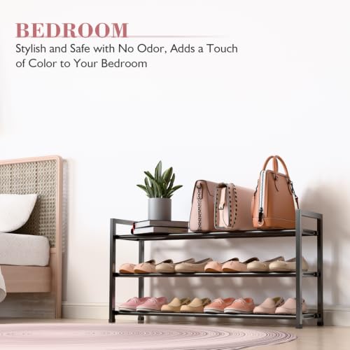 Image of Bumusty 3-Tier Expandable Shoe Rack for Closet, 18 inch-33 inch Adjustable Shoe Rack for Small Space, Small Shoe Organizer for Front Door, Sturdy Metal, Black