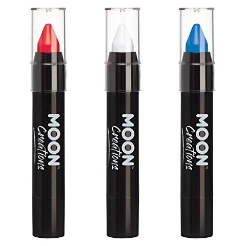 Moon Creations Face Paint Stick Body Crayons | Red, White, Blue Union Jack Set | 3.2g | Sweat Proof & Water-Resistant Face Paint | Made in UK | For Kids, Adults, Fancy Dress, Festivals, Halloween Cover