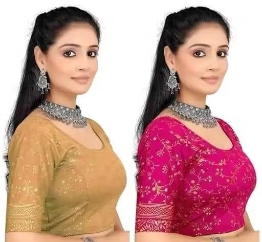 Women's Cotton Blouse | Readymade Saree Blouse with Stretchable Fabric | Round Neck, Pull-On Style | Block Printed Design, Half Sleeves | Traditional Ethnic Wear-image-43