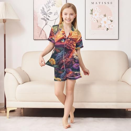 ALAZA Dragon Flower 3d Satin Pajamas Set Short Sleeve Button Down Sleepwear Summer Pjs 2 Piece3