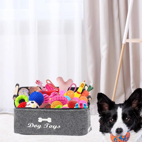KZXCVS Hundespielzeug-Aufbewahrung aus Filz faltbare Spielzeugkiste mit Griff, 38x25x18cm Tierbedarf-Organizer für Hunde/Katzen (Wasserabweisend, Spülmaschinenfest, Grau)