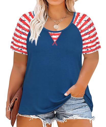 Image of CARCOS Plus Size Tops for Women Short Sleeve Shirt Summer Star /Leopard /Tie Dye /Flower Crewneck Pullover Tunic XL-5XL
