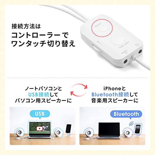 サンワダイレクト PCスピーカー 3WAY接続(Bluetooth / 3.5mm / USB) パッシブラジエーター搭載 10W LED搭載 コントローラー付き 白 400-SP108