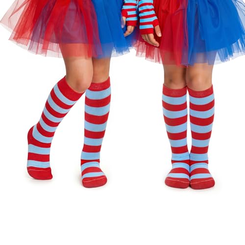 Zando Kids Crazy Socks Striped Knee High Socks Athletic Thin Tube Novelty Long Sock for Toddler Boy Girl 2 Pairs Red Blue One Size