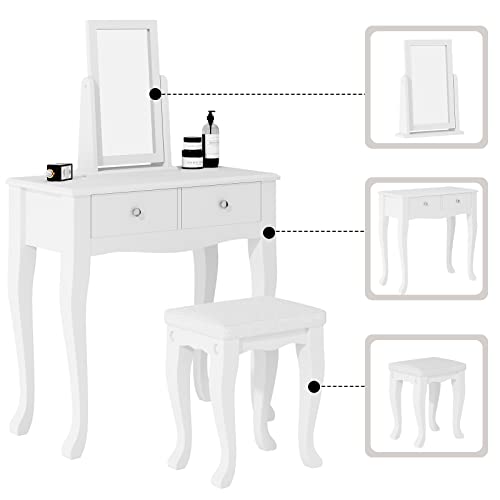 Soges Makeup Vanity Table Set, 2-Drawer Dresser Desk, 360° Rotation Mirror, Cushioned Stool, Bedroom Dressing Table Set, White #TOP3