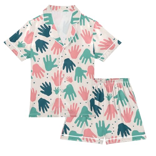 Hand Pattern Summer Satin Pajama Set, Cute Button-Down Sleepwear Pj Set for Sleep Wears