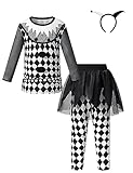 Auggle Girls Clown Costume Set Harley Quinn Halloween Kids Jester Party Suit(8-10T)