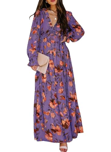 Image of BLENCOT Womens Casual Boho Floral Printed V Neck Long Sleeve Long Maxi Dress Spring Summer Dresses