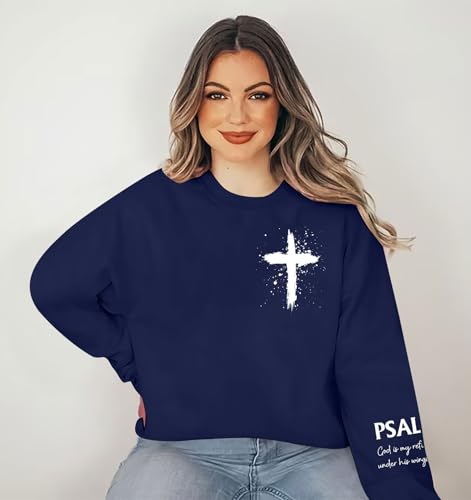 MOUSYA Women Christian Sweatshirt Psalms 91 Sleeve Print Sweatshirt Bible Verse Pullover4