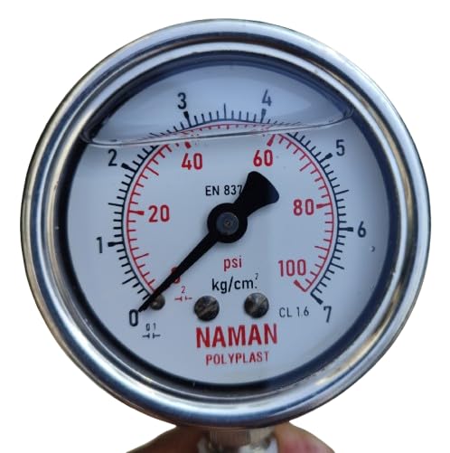 NAMAN Pressure Gauge, 2 1/2" Dial, Range 0 to 7 Kg/Cm2 with Dual Scale of 100 PSI, Direct Mounting Bottom Entry, 1/4" BSP (M) Connection, MS Case & Brass Internals
