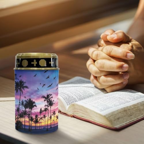Image of Poceacles Solar Lights Outdoor Solar Powered Outdoor Cemetery Stake Candle Grave Lamp Landscape Lighting Waterproof Grave Flameless Candle, Palm Tree Beach Sunset Pattern Violet Blue, Pack of 6
