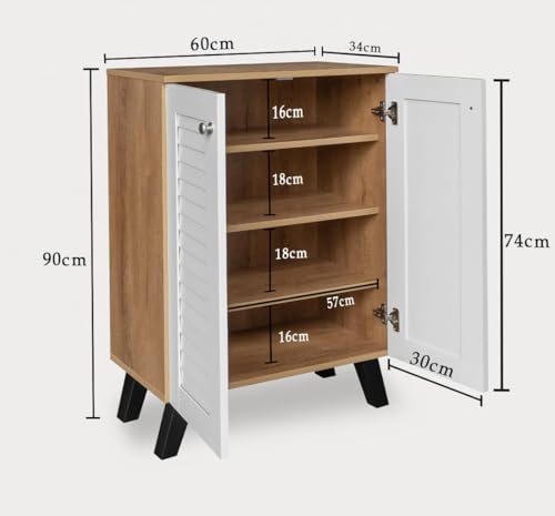 Image of Mevigo Wooden Shoe Rack Cabinet for Entryway - Modern 2 Door 4-Tier Storage Organizer, Wooden Cupboard for Home, Space Saving Shoe Rack Wallnut Shoes Storage Cabinet -White-VB1