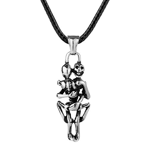DanDanF Skull Skeleton Love Gothic Pendant Necklace Punk Style Statement Stainless Steel Jewelry
