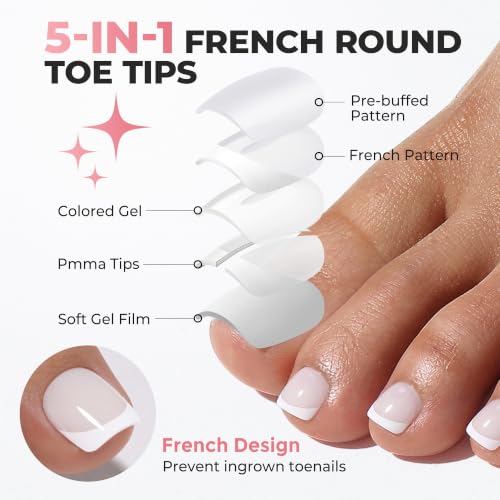 Image of UNA GELLA French Press On Toenails Milky White With White Tip Square Round, 15 Sizes Pre-Etched Squavol Toenail Press Ons for Women, 150PCS Toenail Extension for Home DIY Salon Pedicure Summer Gift
