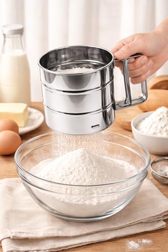 Image of Stainless Steel Flour Sifter for Baking Hand Press Atta Channi Flour Sieve with Fine Mesh Screen Rust-Proof Large Capacity Baking Sifter for Atta, Maida, Sugar, Cocoa Powder Kitchen Baking Tools