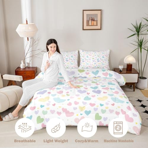 Image of Erosebridal Cute Heart Queen Comforter Set Valentine Love Heart Bedding Set for Kids Teens Rainbow Hand Drawn Style Comforter Cartoon Geometric Duvet Insert