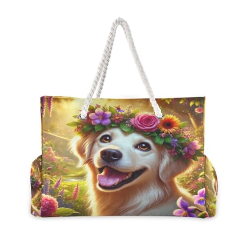 Flower Crown Multicolor Beach Tote Bag for Women Extra Large Travel Tote Bags Waterproof Carry On Swim Pool Bag Beach Bags with Zipper for Gym Vacation Essentials Nurse Grocery Yoga2