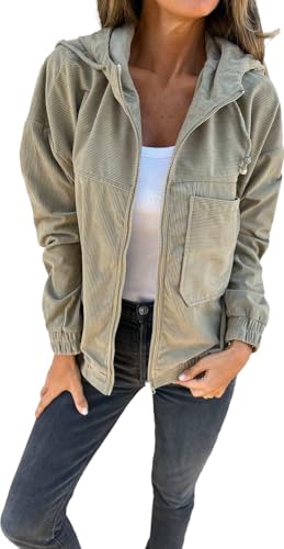 XuanXmy Damen Cord Kapuzenjacke Casual Einfache Reißverschluss Strickjacke...