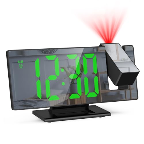 Criacr Projektionswecker, Digitaler Wecker mit Projektion 180 °, LED Spiegel-Wecker mit Große Display, Temperaturanzeige, Wecker Digital mit Snooze, Datum, 3 Helligkeit, 12/24HR (Schwarz & Grün)