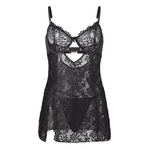 HOTSO Damen Negligee Sexy Dessous Babydoll Nachtwäsche Kleid V-Ausschnitt Vorderholung Spitze Transparente Unterwäsche Reizwäsche Set, Lingerie Teddy Babydoll Outfit Weihnachten Weihnachtsmann