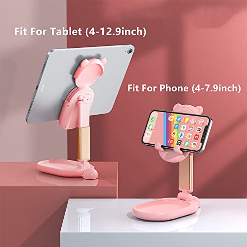 Soarchick Cute Bear Cell Phone Stand For Desk Portable Phone Holder With Makeup Beauty Mirror For Girls Foldable Adjustable Height Angle Compatible With Iphone, Ipad, Tablet, Kindle, Switch Pink #TOP2