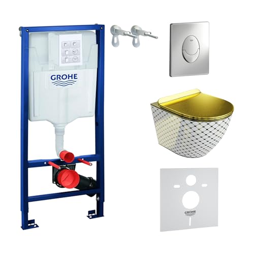 LAVITA Élément mural Solido Start + WC suspendu mural Sofi Slim Checked Gold sans bord + abattant WC SoftClose | Bouton chromé | Kit complet | Réservoir de chasse encastré | Kit complet | WC complet |