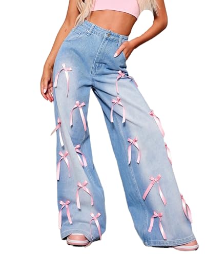 Womens Baggy Jeans Teen Girls Cute Bow Lace Up Denim Jeans High Waisted Straight Leg Pants Y2k Aesthetic Jean